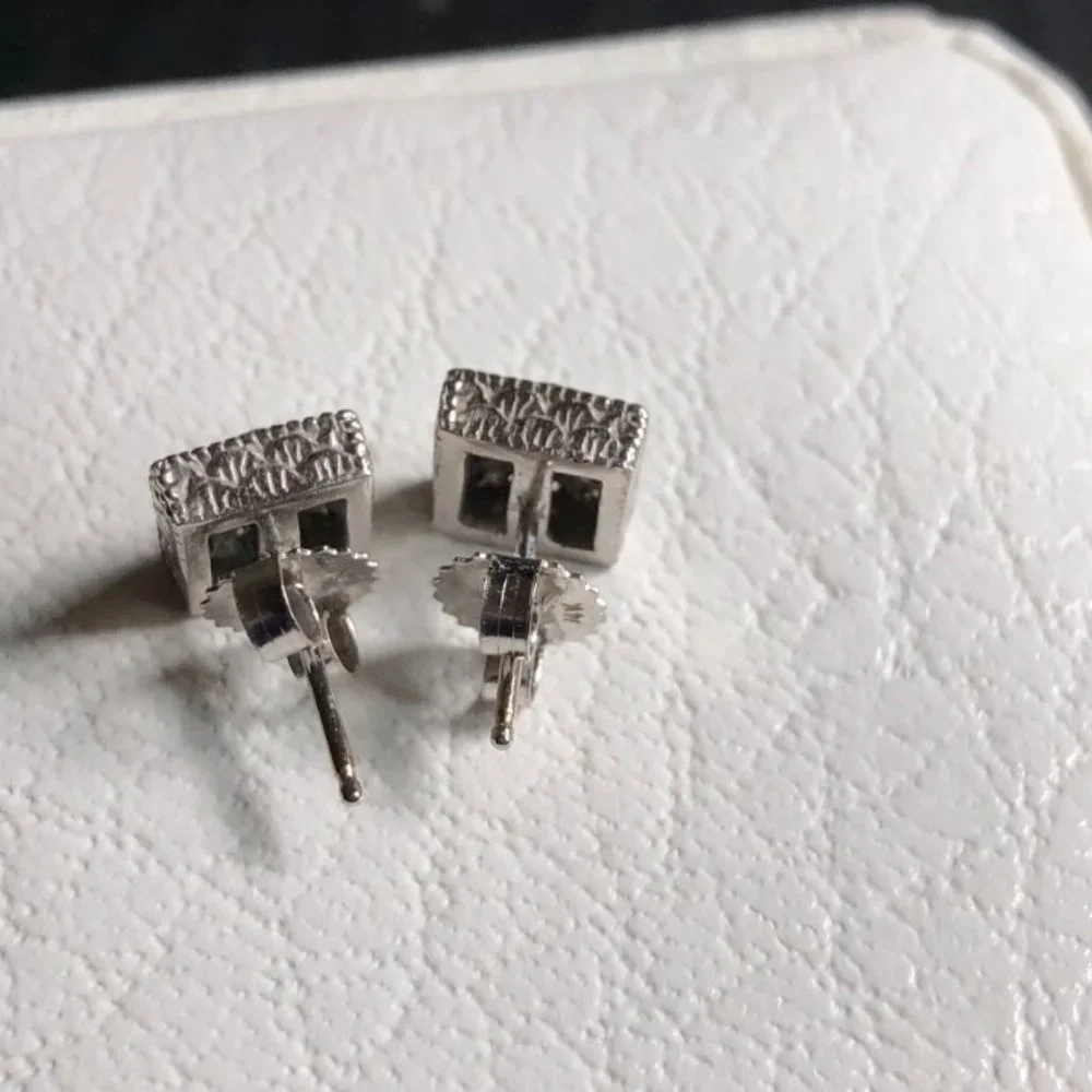 Square Diamond Earrings Art Deco John Herold Jewelry 14K White Gold - Picture 3 of 3